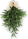 Artificial Olive Teardrop Swag Wreath for Front Door - 22 Inch Faux Greenery Wall Decor with Burlap Bow - Farmhouse Olive Branch Swag for Indoor Kitchen Entryway Wedding Arch