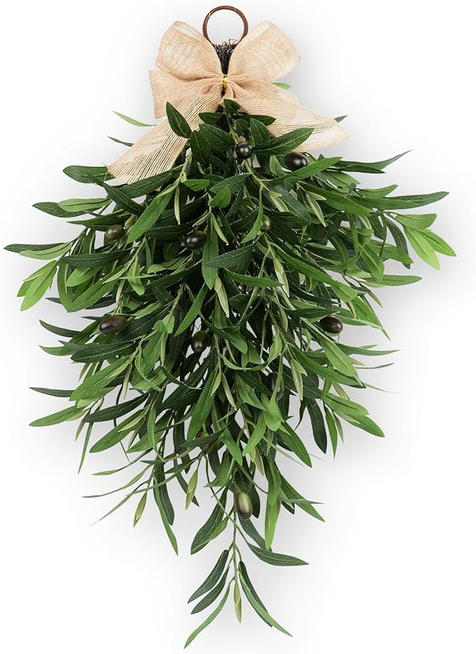 Artificial Olive Teardrop Swag Wreath for Front Door - 22 Inch Faux Greenery Wall Decor with Burlap Bow - Farmhouse Olive Branch Swag for Indoor Kitchen Entryway Wedding Arch