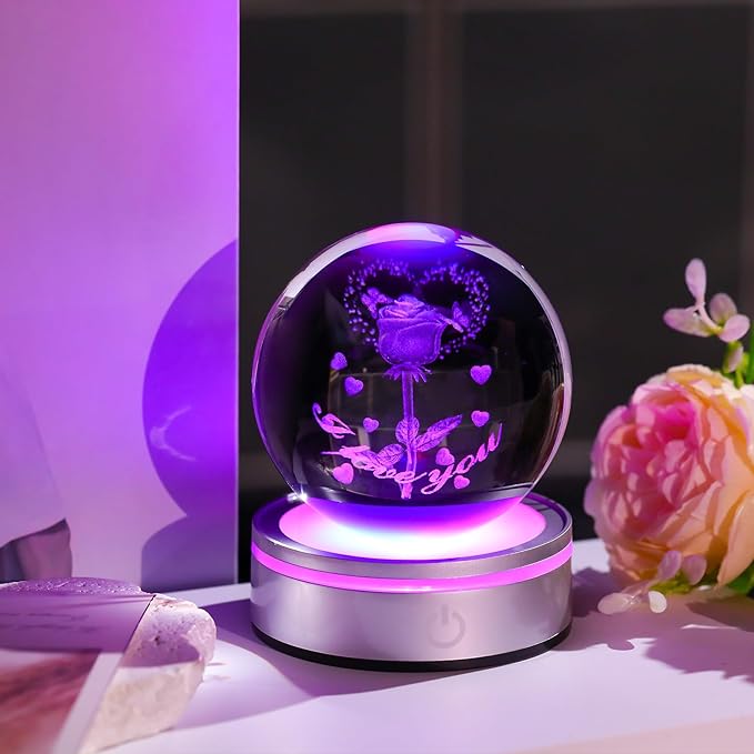 Movdyka Forever Rose Crystal Lamp Gift for Wife, Girlfriend, Mom - I Love You 3D Engraved Rose Butterfly & Heart - Anniversary, Birthday, Valentine's Day Gift for Her - Romantic Night Light