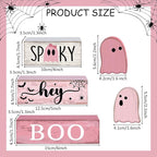 Lineshading 4 Pcs Pink Halloween Decor Ghost Table Decorations Halloween Tiered Tray Decor Farmhouse Ghost Tabletop Centerpiece Rustic Pink Block Sign Gift for Home Kitchen Shelf Office Mantel