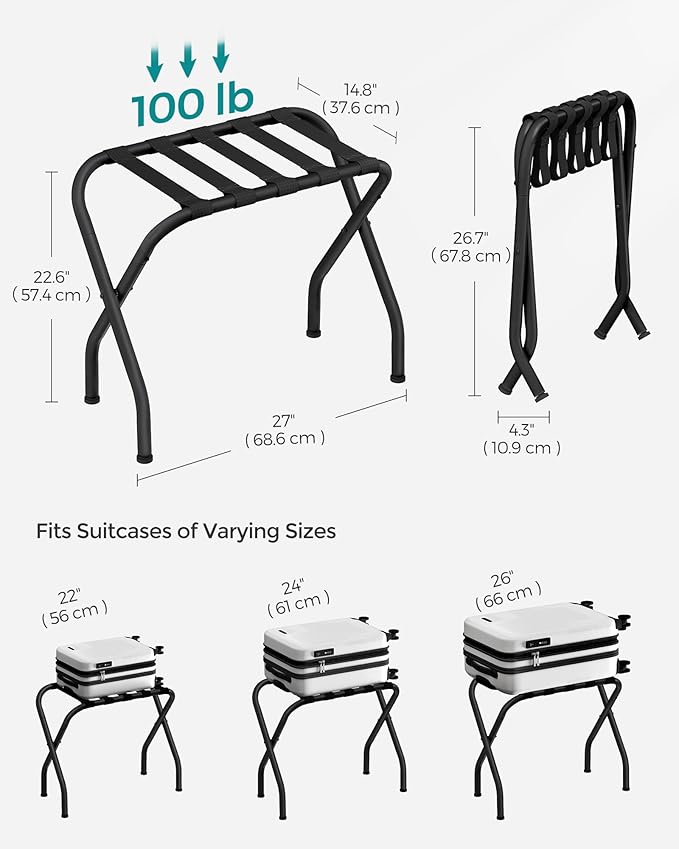 SONGMICS Luggage Rack, Pack of 2, Luggage Racks for Guest Room, Suitcase Stand, Steel Frame, Foldable, for Bedroom, Black URLR64B-2
