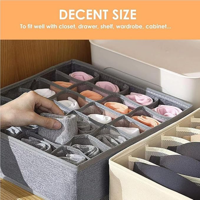 Underwear Organizer with Drawer Dividers, Foldable Fabric Dresser Closet Organizers Bins, Bedroom Cabinet Organization and Storage Box for Baby Clothes, Undies, Ties，Sock-Dark Grey (24cell)
