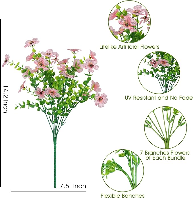 Artificial Faux Flowers Plants for Outdoors Spring Summer Decoration,12 Bundles Realistic Fake Flowers Plant Greenery Silk Daisy UV Resistant for Outside Planters Porch Patio Balcony Garden Home(Pink)