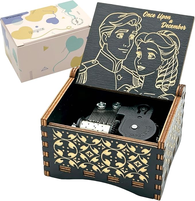 Pursuestar Black Wooden Wind Up Music Box - Anastasia Once Upon a December, Vintage Engraved Wood Mechanism Musical Gifts for Anniversary Mother's Day Valentine's Day Christmas Thanksgiving Birthday