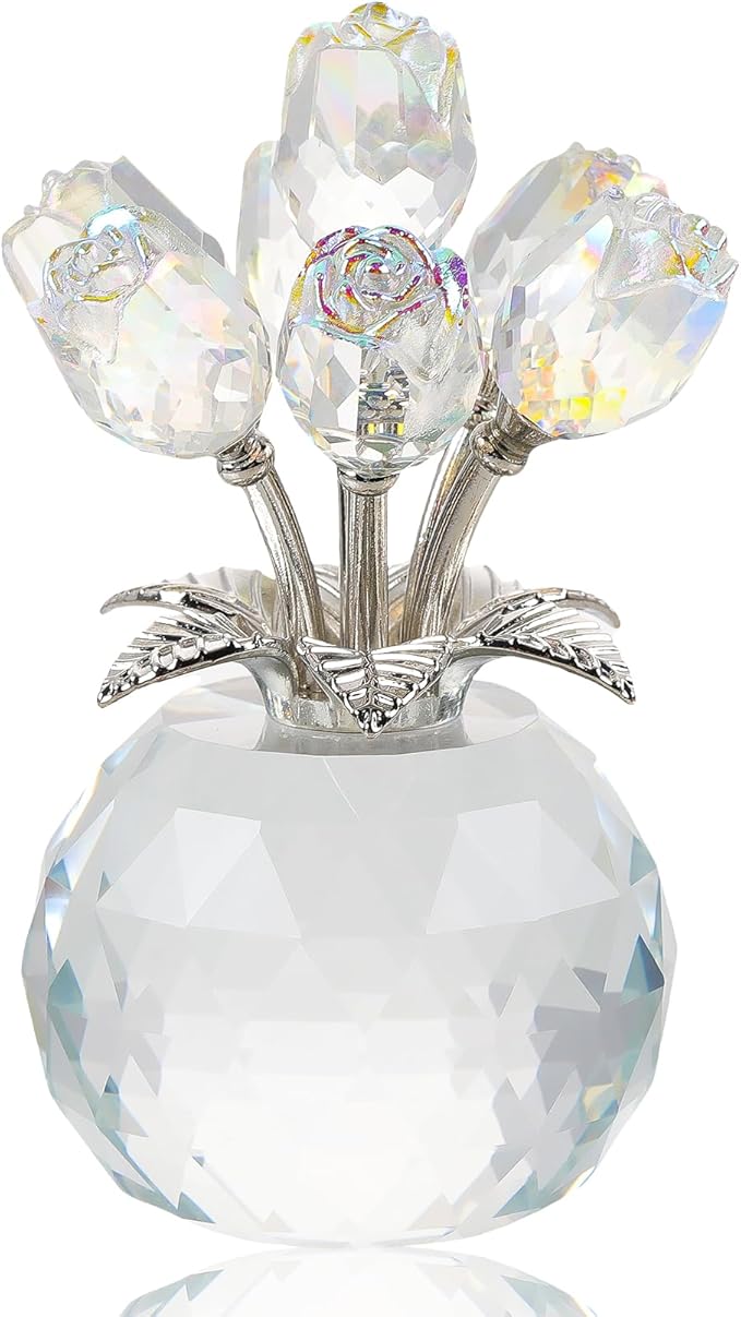 Arikyrist Crystal Clear Rose Bouquet Figurine with Round Vase, Glass Rose Flower Romantic Gifts for Women Mom on Birthday, Collectible Decoration Table Centerpiece for Home