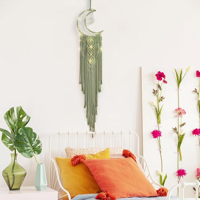 ANROYE Boho Macrame Woven Wall Hanging, Crochet Crescent Moon Star Dream Catcher with Long Tassel- Green Cotton Handmade Bohemian Home Decor Nursery Decoration Art for Kids Bedroom Dorm Room