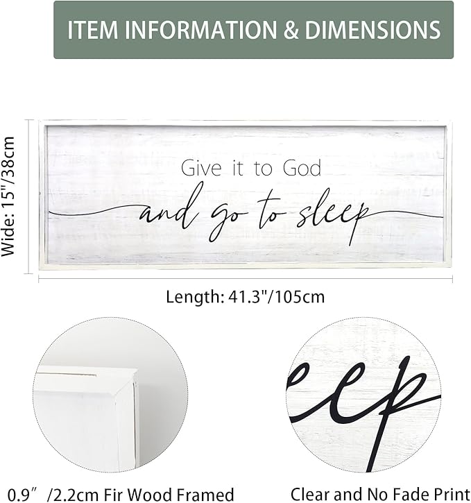 Give It to God and Go to Sleep Sign Framed Large 41''×15'' Above Bed Wall Decor for Bedroom Farmhouse Wall Decor Guest Room Decor Rustic Master Bedroom Wall Decoration Wood Wall Art (white frame)