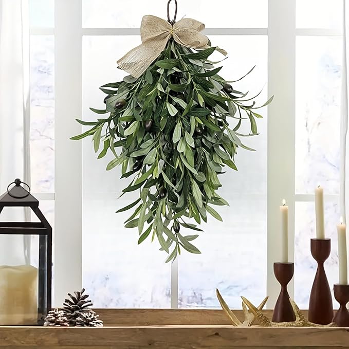 24 Inch Artificial Teardrop Swag Olive Wreath with Bow, Hanging Green Leaves Teardrop Door Wreath with Fruits, Faux Spring Greenery Wreath for Front Door Wall Farmhouse Decor