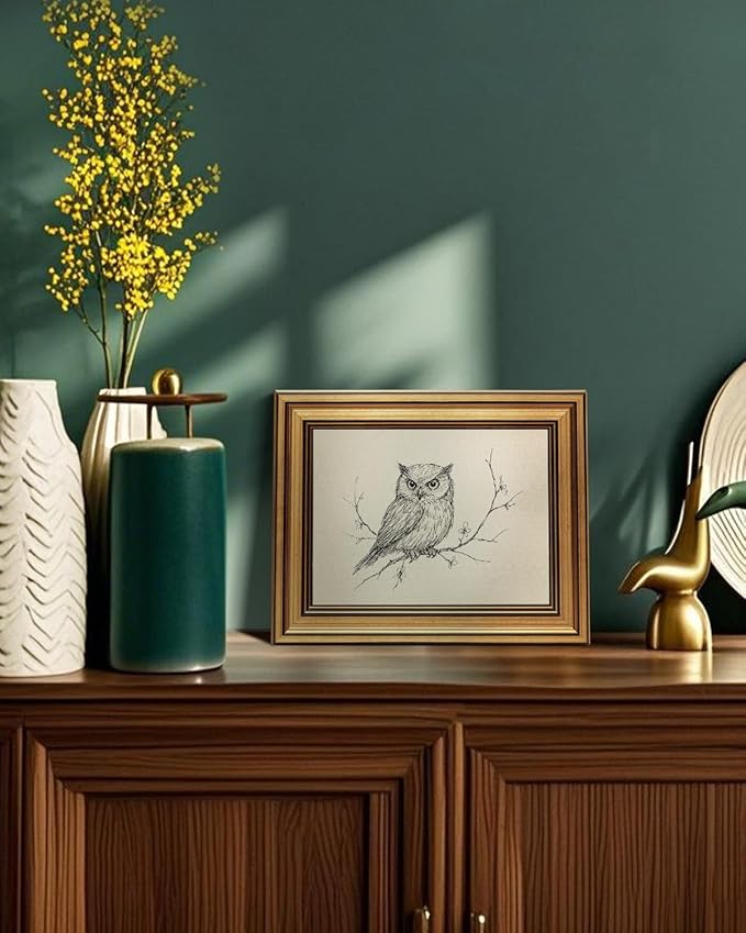 VIYYIEA Vintage Gold Framed Wall Art for Living Room, Owl Canvas Prints Home Decor, Sketch Painting Picture, Bedroom Wall Decor Gifts for Friends or Family -【Owl】-(10L x 8W)