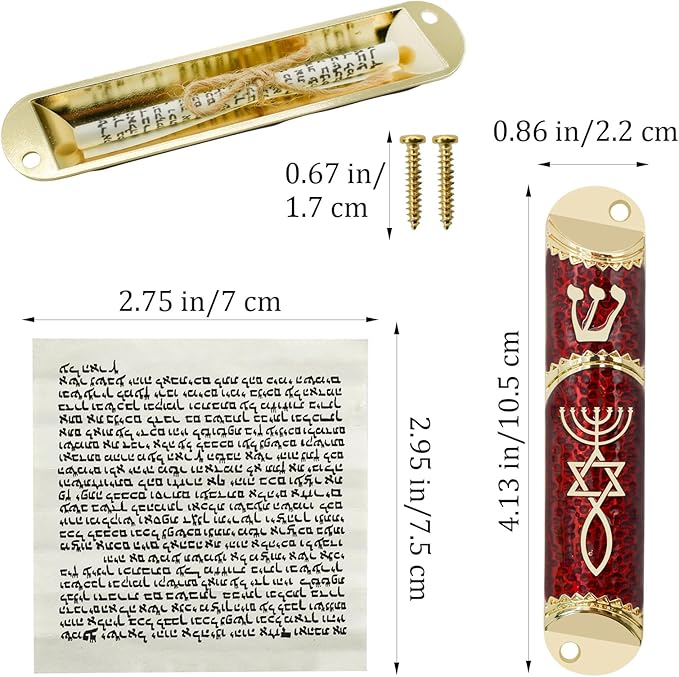 Mezuzah with Scroll for Door, Metal Mezuzah Case with Messianic Seal for Hebrew Home Blessing, Jewish Gifts, Jewish House Warming Decor, Christmas, Easter (Red)