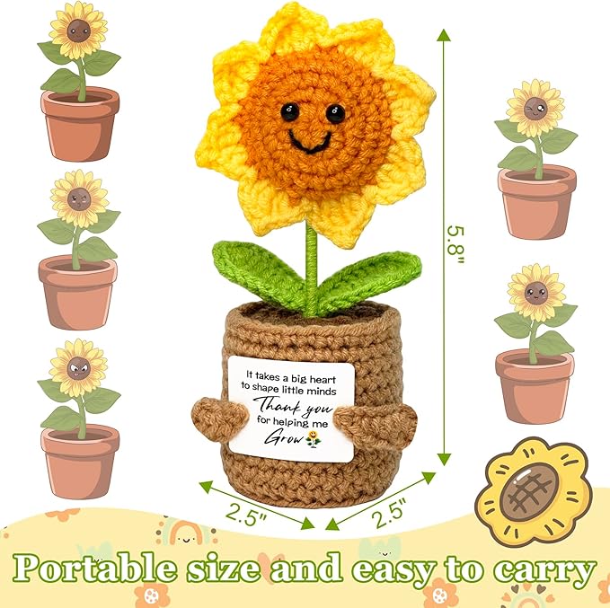 Teacher Gift from Student Teacher Appreciation Gifts for Women Crochet Sunflower Handmade Doll with Positive Card - Thank You for Helping Me Grow Mothers Day Birthday Gift Collectible Doll