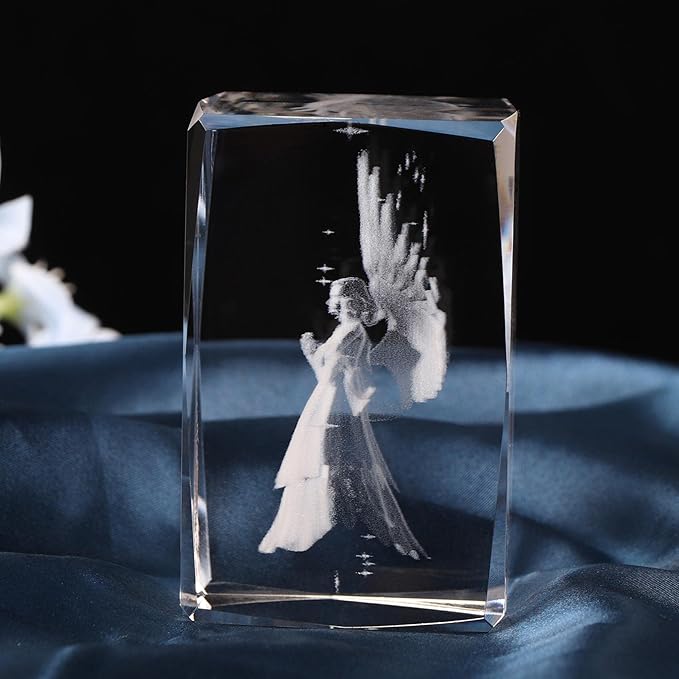 YWHL 3D Crystal Guardian Angel Figurine with Colorful Light Base, Laser Engraved Glass Angel Gifts, Collectible Figurines