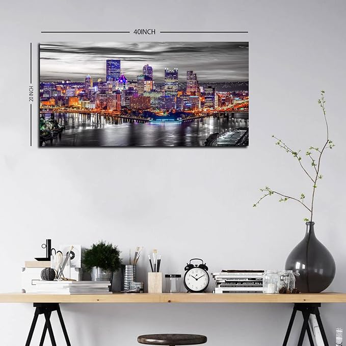 Pittsburgh Wall Art Living Room Decorations Black and White City Skyline Picture Modern Office Wall Decor Pennsylvania Nightscape Panoramic Canvas Prints Cityscape Painting Skyscraper Artwork 20x40"