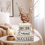 4 Pcs Inspirational Farmhouse Table Decor Rustic Motivational Wooden Stacked Block Decor,Decide Commit Succee Sign with Wood Bead Tassel, Inspirational Tiered Tray Decoration for Home