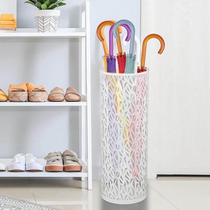 Umbrella Holder Bin Waterproof Umbrella Storage Rack Indoor Walking Stick Holder Metal Rack Freestanding Umbrella Stand Round Umbrella Holder for Home Entryway Office Hotel (white)