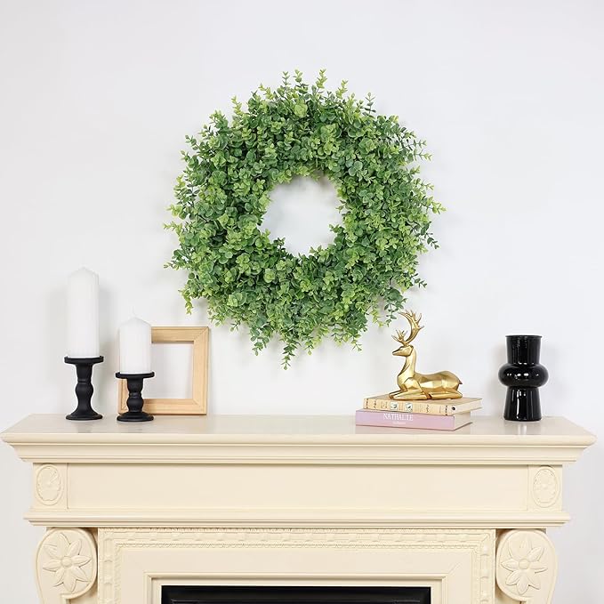 26" Eucalyptus Wreath for Front Door, Porch, Window - Large Artificial Eucalyptus Leaves Greenery Outdoor Wreath for Home, Farmhouse Decor - Spring, Summer, Fall, All Seasons (Green)