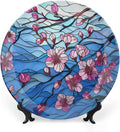 Stained Glass Theme Decorative Ceramic Plate Round Porcelain Plate,10 inch,Cherry Tree Pattern,for Decorative Ornaments Giving Plates, 1 Plate with 1 Display Stand,Blue Pink