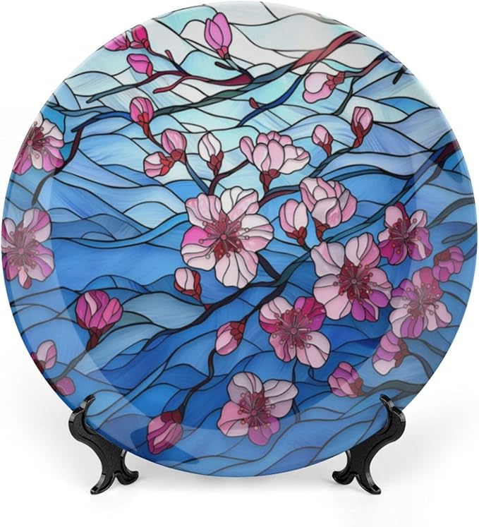 Stained Glass Theme Decorative Ceramic Plate Round Porcelain Plate,6 inch,Cherry Tree Pattern,for Decorative Ornaments Giving Plates, 1 Plate with 1 Display Stand,Blue Pink