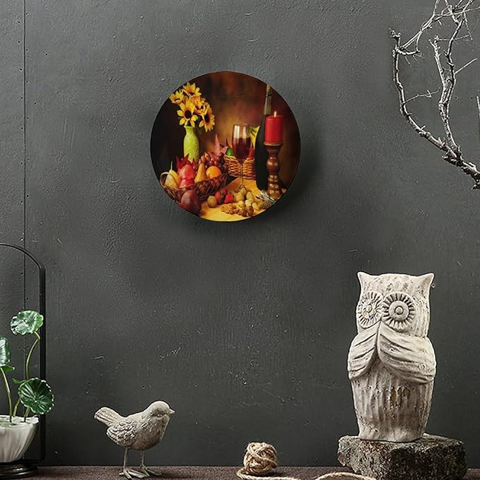 Decorative Ceramic Plates, 8 Inch, Fruit And Nut Decorated Red Wine Round Display Plate, Decorative Plates with Stand, for Display Living Room Kitchen Closet Table Decor