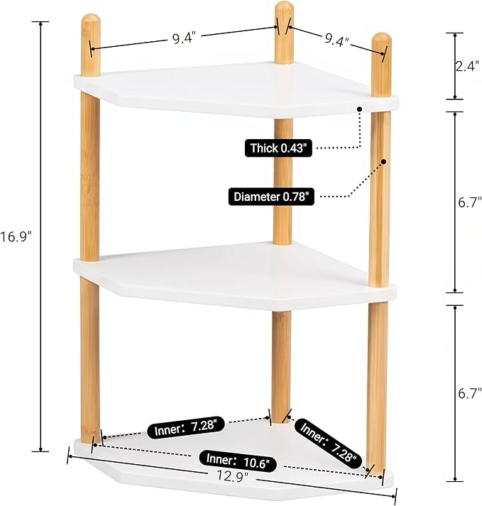 3-Tier Expandable Bamboo Corner Shelf - Dish/Plate Organizer for Cabinet, Kitchen Counter Shelf & Small Kitchen Shelf, Adjustable (White, 1-Pc 6.70" H)