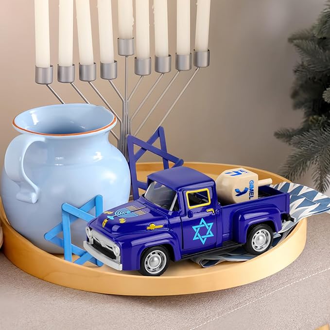 Hanukkah Truck Decor Vintage Metal Truck with Wood Dreidel Ornament Festive Jewish Holiday Farmhouse Tabletop Tiered Tray Decoration for Home Kitchen Office Tiered Tray Supplies