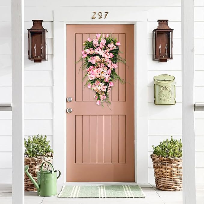 belupai 21.6in Artificial Flower Teardrop Swag, Decorative Swag with Green Leaves and Fake Flowers, Faux Tulips Floral Swag for Spring Summer Indoor Outdoor Window Decor (Pink)