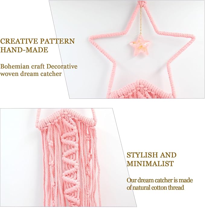 Tarklanda Moon Star Dream Catcher Decor, 2pcs Boho Home Moon Star Dreamcatcher, Macrame Wall Hanging Boho Home Decor for Kids Baby Bedroom Decoration for Women Mom Girls Craft Pink