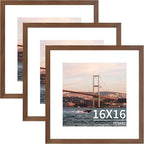 16x16 Picture Frame 3 Pack - Brown Poster Frame Display Pictures 12x12 with Mat or 16 x 16 Without Mat for Wall Hanging Horizontal and Vertical