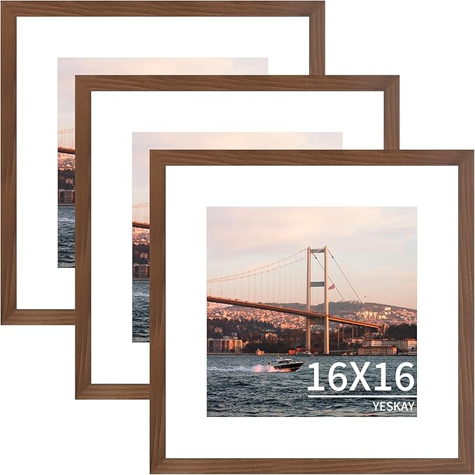 16x16 Picture Frame 3 Pack - Brown Poster Frame Display Pictures 12x12 with Mat or 16 x 16 Without Mat for Wall Hanging Horizontal and Vertical