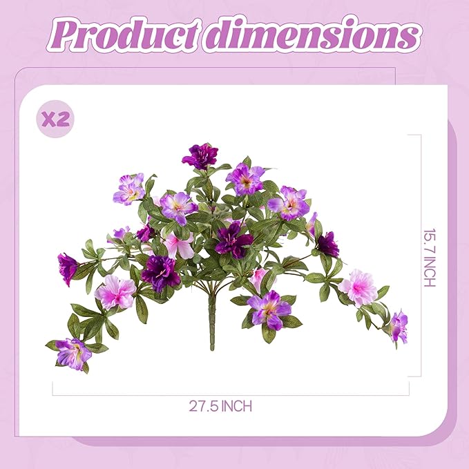 Artificial Fake Azalea Flowers for Outdoor Spring Decoration, Faux Silk Flower for Summer UV Resistant Look Real Plants for Garden Yard Porch Walkway Indoor Decor, 2PCS