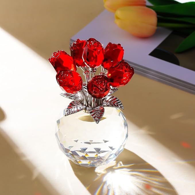 Arikyrist Crystal Red Rose Bouquet Figurine with Round Vase, Glass Rose Flower Romantic Gifts for Women Mom on Birthday, Collectible Decoration Table Centerpiece for Home