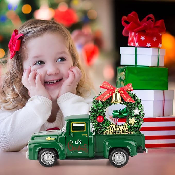 Christmas Vintage Green Truck Decor with Car Wreath Green Truck Vintage Home Tiered Tray Decor for Christmas Tables Home Kitchen Mantel Shelf Bookshelf Coffee Mini Trucks Decorations