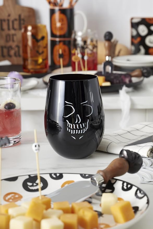 Oneida Barware, Vintro Halloween Stemless Wine Glasses, Set of 4, Dishwasher Safe, Made of Glass, Spooky Drinking Glasses Set, Halloween Decor Indoor, Skeletons and Bats as Design (4 Piece, 18 Oz)