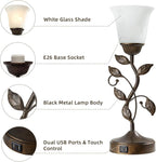 Touch Bedside Table Lamp, Vintage Nightstand Lamp with 2 USB Ports for Living Room, 3 Way Dimmable Leaf Lamp Retro Table Lamp for Bedroom with White Glass Shade, LED Bulb Included