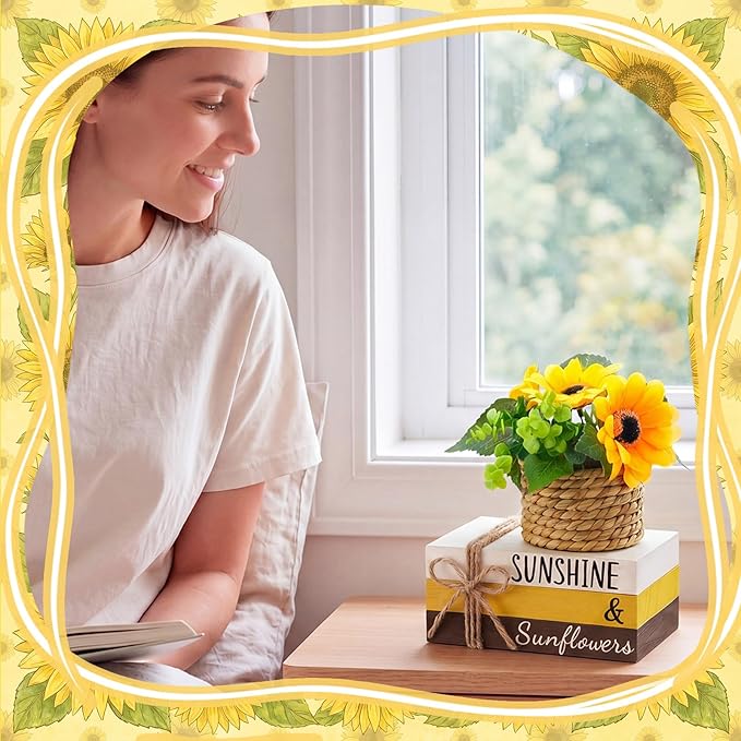 Wesiti 4 Pcs Summer Table Centerpieces Decorations Farmhouse Tiered Tray Decor Sunflower Fake Book Stack Decor Summer Decoration for Home Wooden Block Sign for Desk Tabletop Shelf Indoor