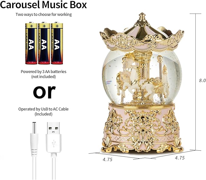 Carousel Musical Snow Globe Princess Unicorn Music Box for Girls Women Baby Kids Sister Daughter Mom Granddaughter Grandma Christmas Birthday Presents Gifts (Light Pink)