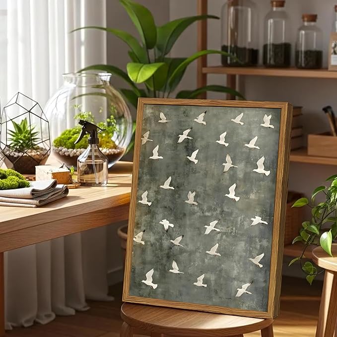 Framed Vintage Flying Bird Canvas Wall Art, Minimalist Abstract Flock of White Birds Pictures Wall Decor, Cottagecore Nature Wildlife Prints Paintings for Living Room Bedroom Home Office 12x16 inch
