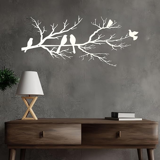 ESTART Metal Birds Wall Art, Metal Vivid Birds on Branch Silhouette Wall Decor White Leaves with Bird Outdoor Hanging Wall Sculpture for Home Living room Bedroom Balcony Garden (White, Small)