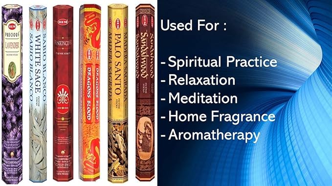 Hem Incense Sticks – 6 Fragrances (Lavender, White Sage, Frankincense, Dragon’s Blood, Palo Santo & Sandalwood) | 120 Sticks | Natural Aromatherapy for Meditation, Relaxation & Home Fragrance