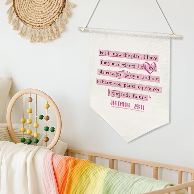 Christian Banner Decor,Inspirational Bible Verse Canvas Flag Banner,Positive Christ Wall Art Poster for Playroom Nursery,Kids Room Decor 11x16 Inch(KD15)