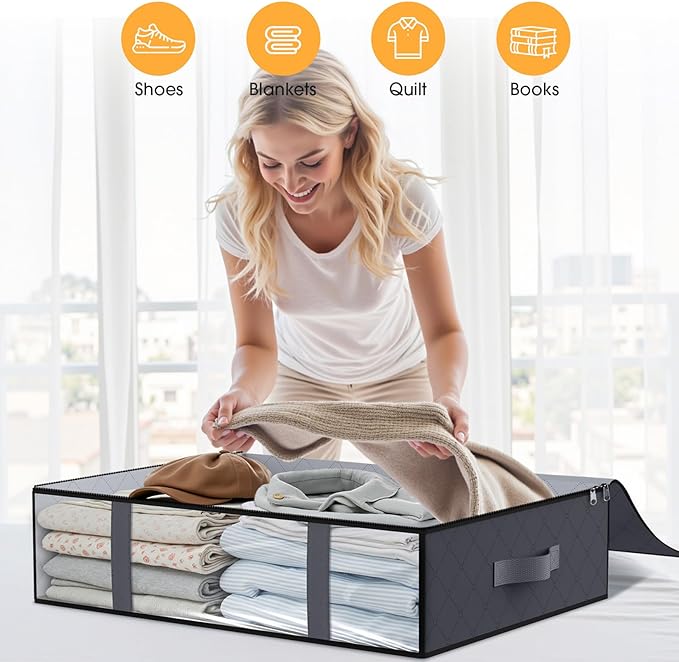 StorageRight Under Bed Storage Bags 6 Pack, 40L Large Clothes & Comforter Storage Containers with Clear Window, Breathable Fabric Organizer for Blankets, Bedding, Seasonal Clothing, Grey