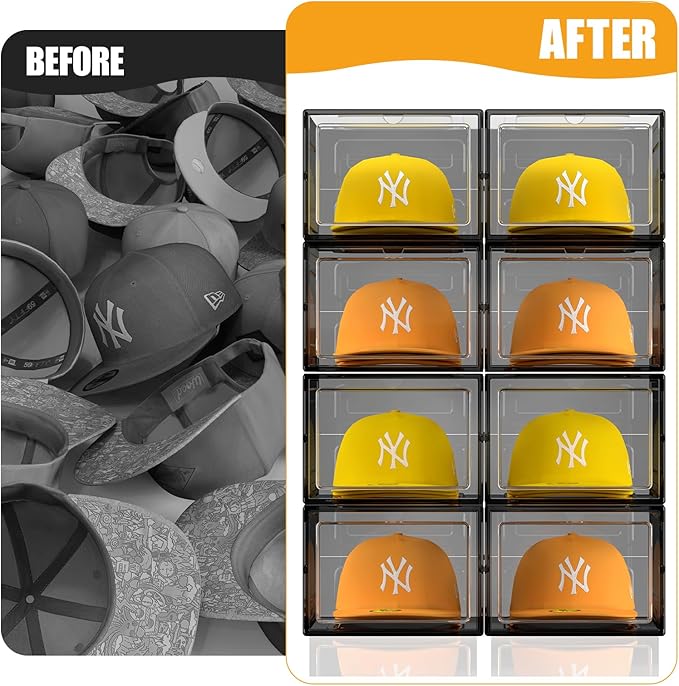 Hat Organizer Box, Stackable Clear Baseball Caps Holder Box Containers with Magnetic Door for Hats Snapback Cap Storag, Hat Rack Display Case, Holds 8 Hats Each (Black, 2 Pack)