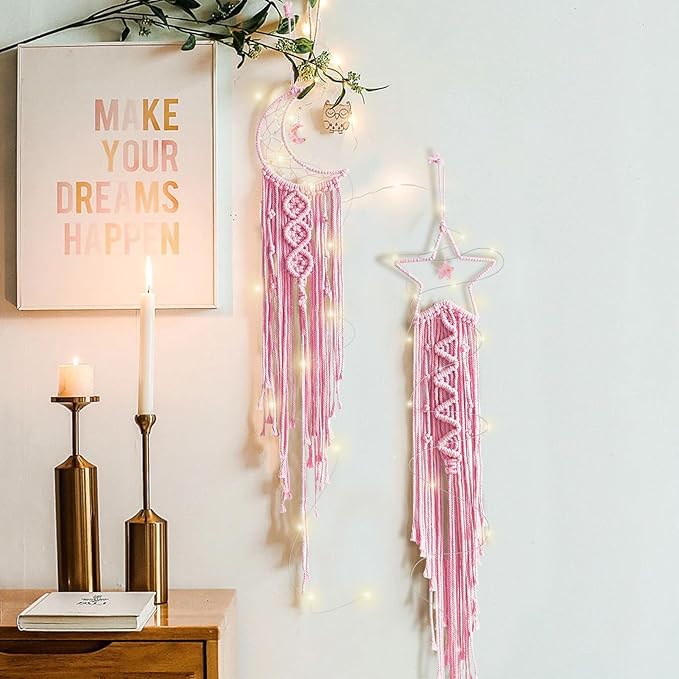 Tarklanda Moon Star Dream Catcher Decor, 2pcs Boho Home Moon Star Dreamcatcher, Macrame Wall Hanging Boho Home Decor for Kids Baby Bedroom Decoration for Women Mom Girls Craft Pink
