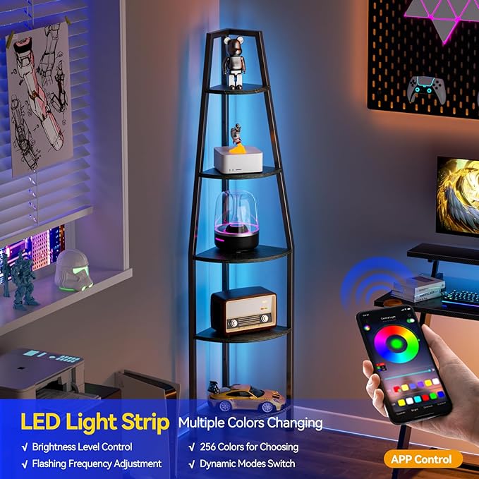 Furnulem 5 Tier Corner Shelf with LED Light, 67.2” Tall Standing Shelf for Wall Corner, Narrow Bookshelf Ladder Shelf for Bedroom, Living Room, Plant, Wood Storage Rack, Metal Frame (Black Oak)