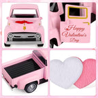 Valentine's Day Mini Metal Farm Truck with Pink and White Hearts Vintage Metal Pickup Romantic Love Model Truck Farmhouse Tiered Tray Decor for Shelf Kitchen Table Home Decor
