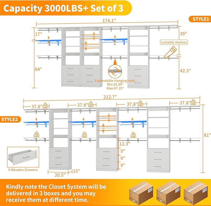Closet System with 9 Drawers, 11.5-18FT Closet Organizer System with Cuttable Shelves for Walk in Closet with 9 Expandable Hanging Rods, Heavy Duty Built-in Closet for Bedroom, White(3 Sets)
