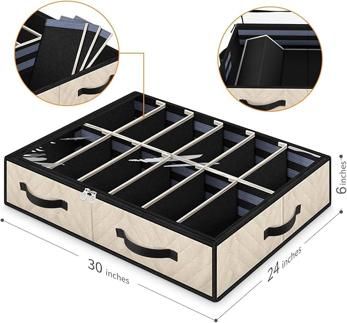 Under Bed Shoe Storage, Set of 2, Sturdy Sidewalls, Adjustable Dividers, Reinforced Handle, Sturdy Zipper, Bottom with Panel Structure, Beige