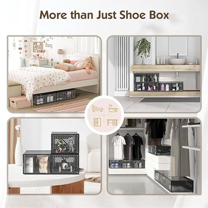 12 Packs Clear Plastic Shoebox With Magnetic Door, X-Large(14"× 10" × 7") Stackable Shoe Box Storage With Lids, Multifunctional Sneaker Containers, Toy Storage, Space-Saving Shoe Rack Black