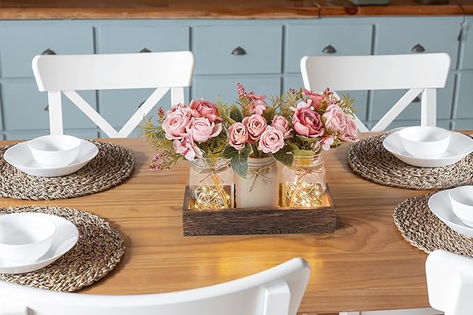 Mkono Mason Jar Lights Centerpiece Table Decor for Dining Room Farmhouse Wood Tray with 3 Jars Flowers Valentines Day Decoration for Coffee Table Kitchen Living Room Wedding