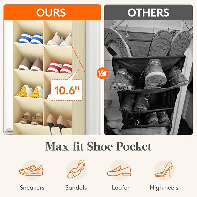 Lifewit 6 Tier Over the Door Shoe Organizer with 11 Large Deep Pockets, Fabric Hanging Shoes Shelf for Closet, Dorm Storage, Fit Up to 12 Pair Shoe Rack Holder for Sneakers, Boots, Beige
